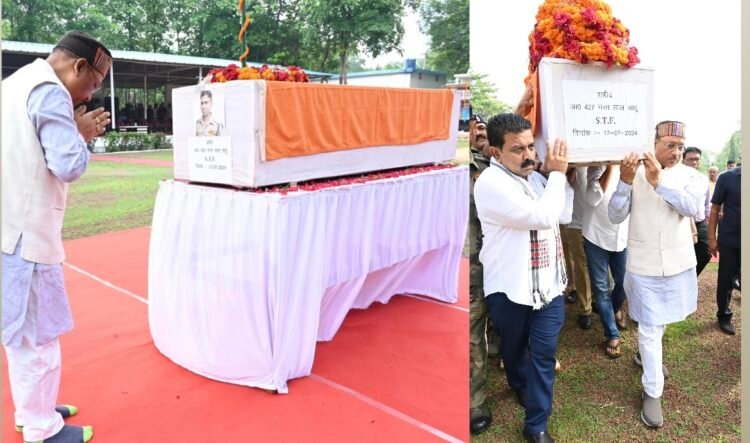 मुख्यमंत्री और उपमुख्यमंत्री ने शहीद जवान के पार्थिव शरीर को कांधा देकर शहीद के निवास रायपुर-सड्डू के लिए किया रवाना