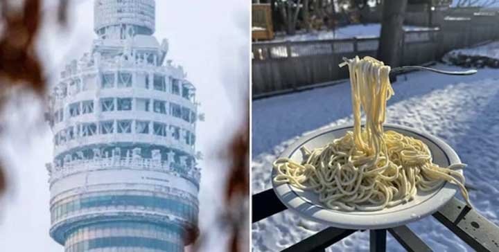 रूस में शीतलहर से बर्फ से जमी हुई बिल्डिंग और नूडल्स